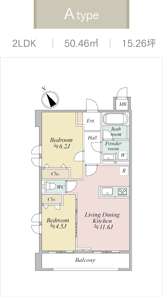 MOCXION KAWA Aタイプ 2LDK 間取り図（50.46㎡）